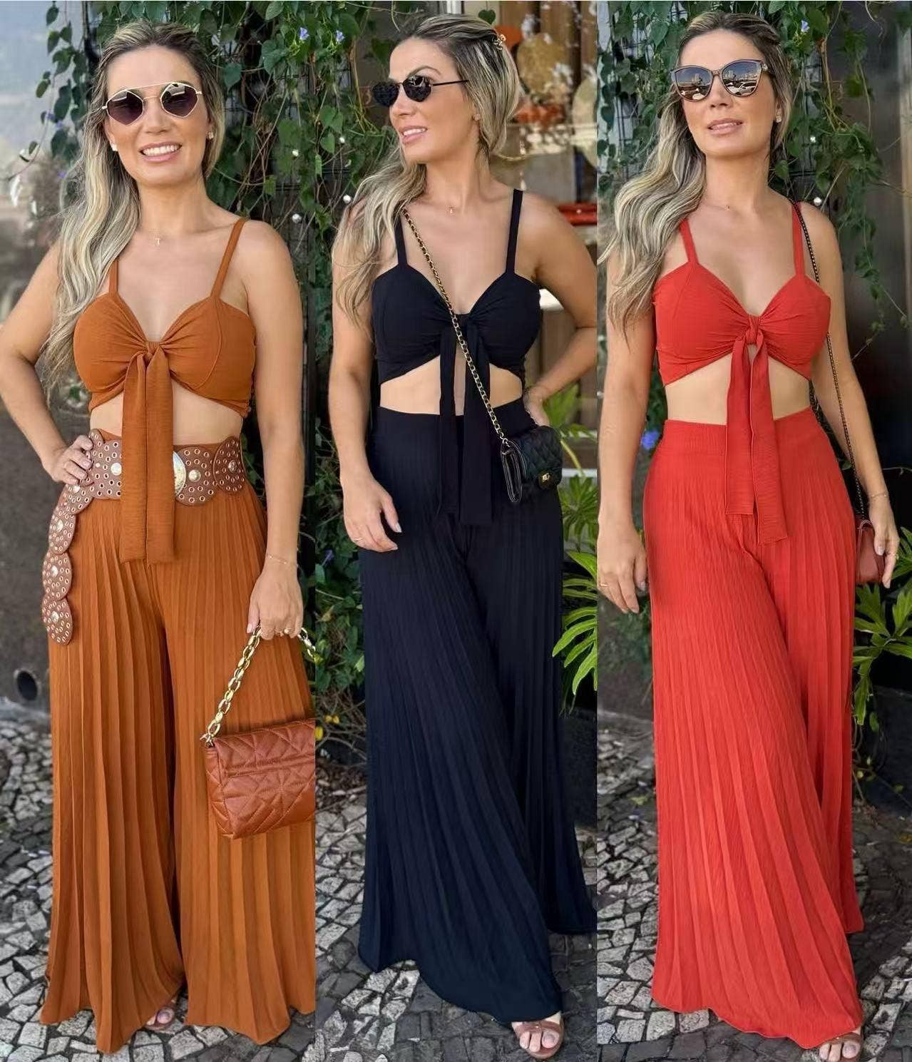 Conjunto de top cropped com calça ampla plissada