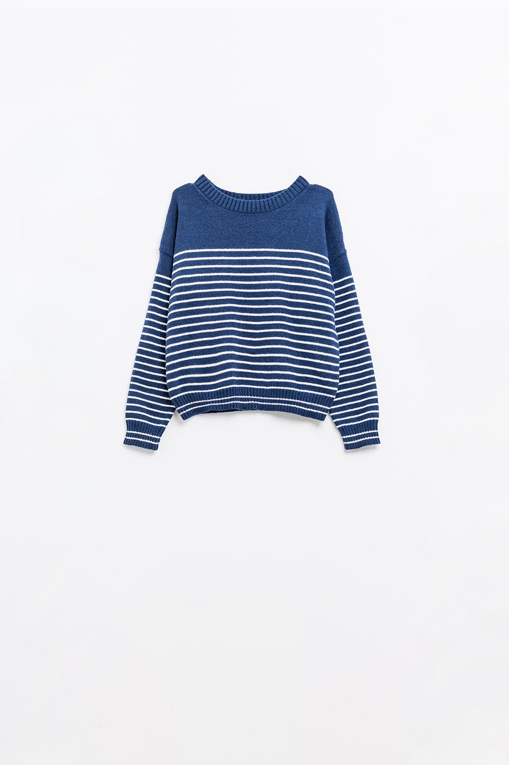 Q2 camisola azul-marinho com riscas brancas e gola redonda