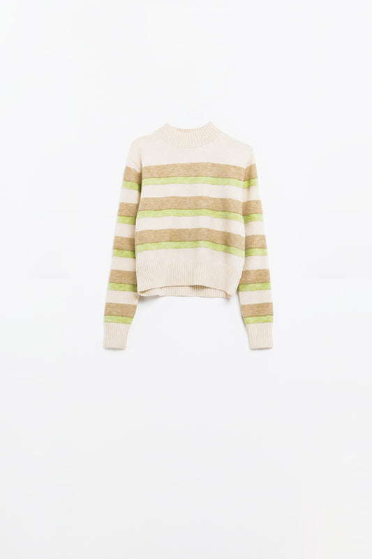 camisola bege com riscas verdes e camel