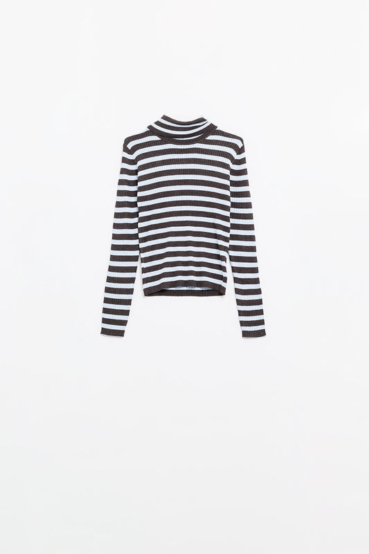 Q2 Camisola de lã de malha fina com riscas azuis e castanhas