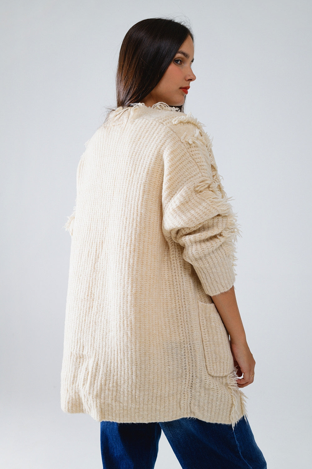 Casaco de malha branco Boho com bolsos à frente