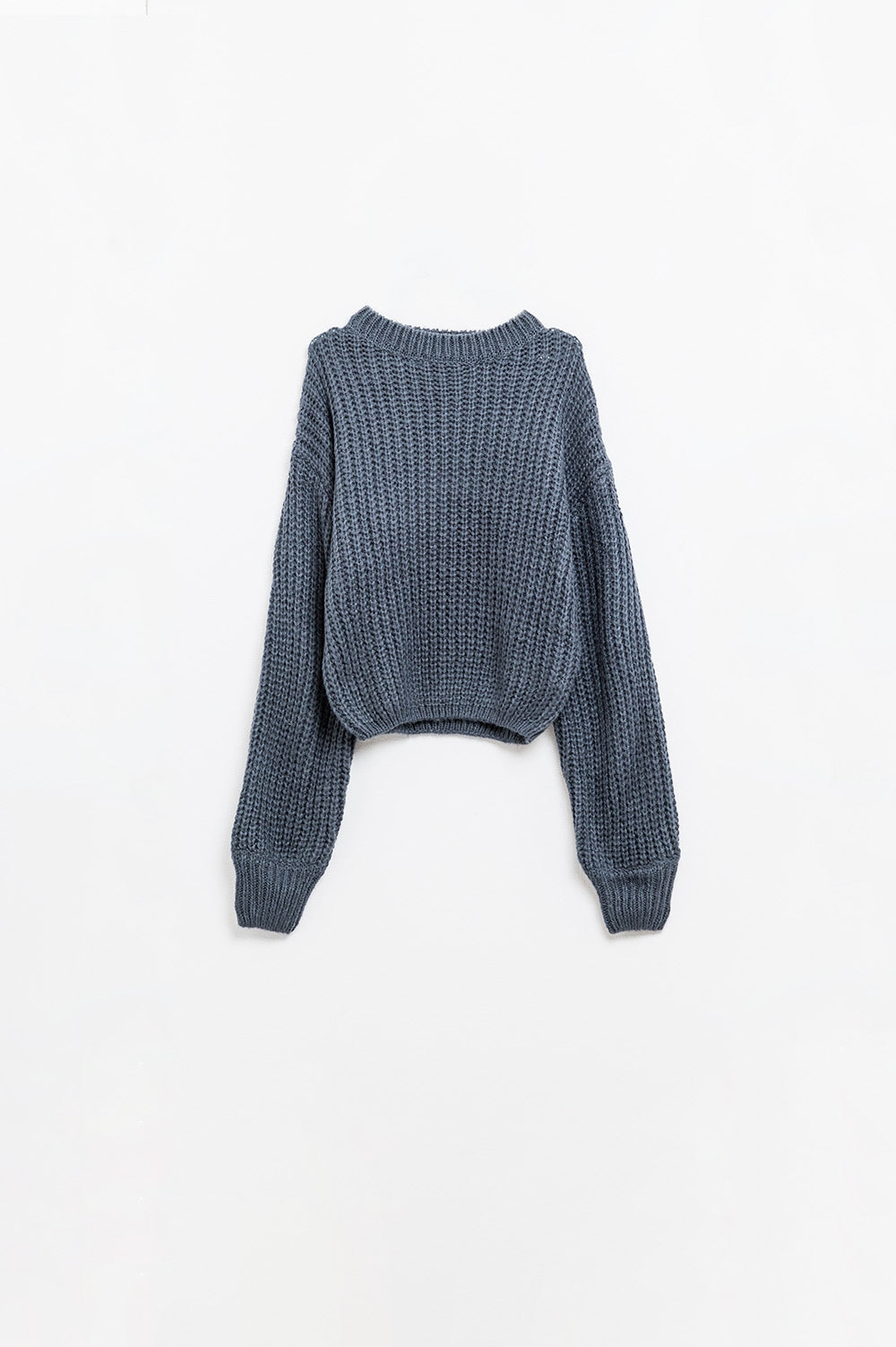 Q2 Suéter de malha grossa cinza escuro com mangas bufantes
