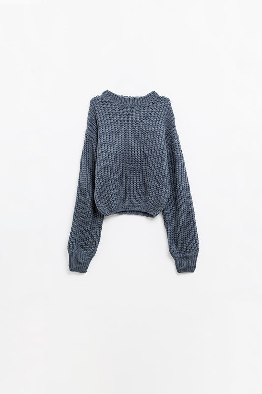 Q2 Suéter de malha grossa cinza escuro com mangas bufantes